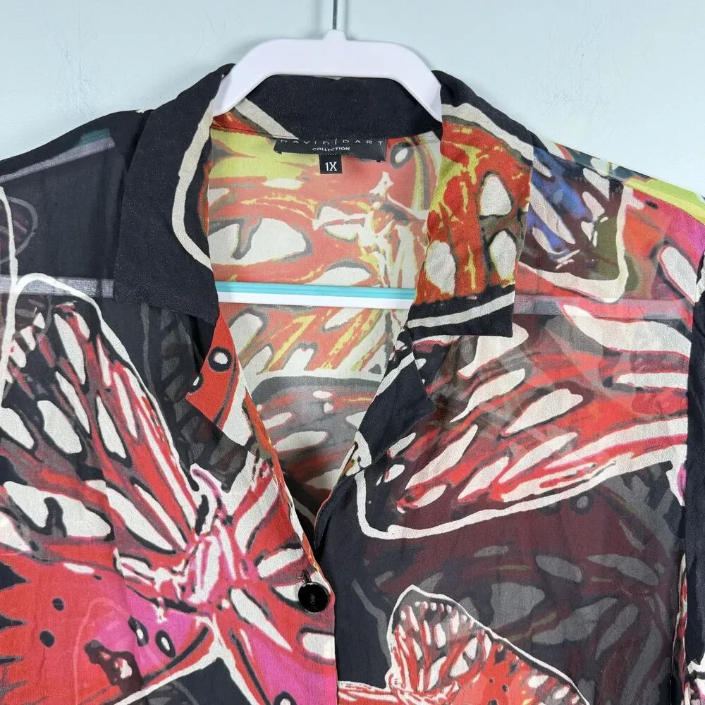 David Dart Silk Top Butterly Semi Sheer Button Up Size 1X USA Festival Vintage